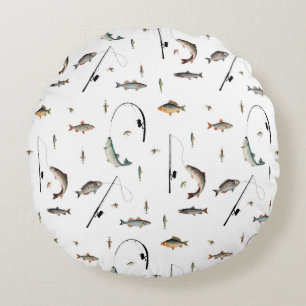 Fishing Rod & Reel Fish Theme Pattern Round Pillow