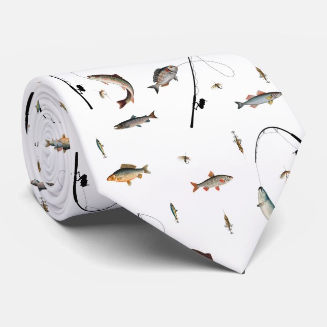 Fishing Rod & Reel Fish Theme Pattern Tie (Rolled)
