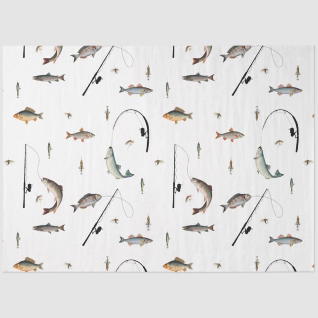 Fishing Rod & Reel Fish Theme Pattern Tissue Paper (Front)
