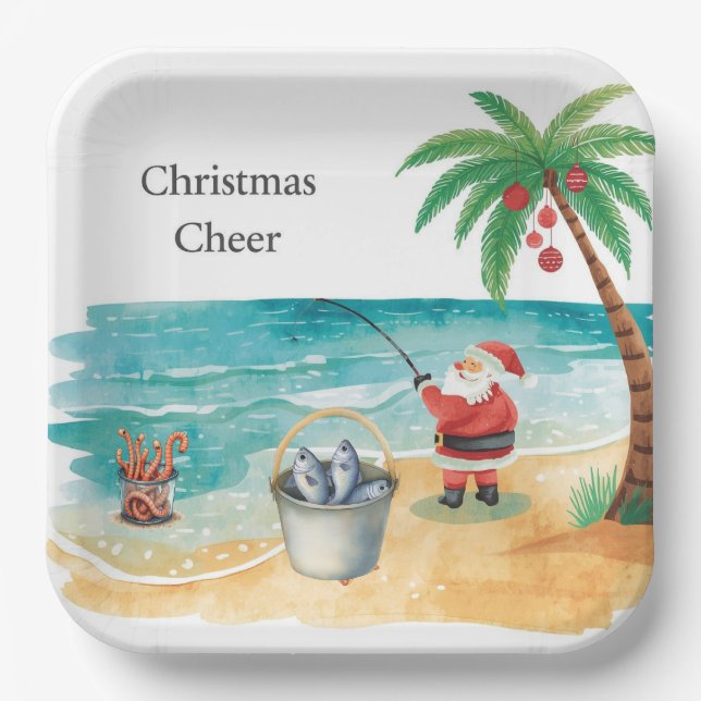 Fishing Santa Christmas themed Paper Plate (Front)