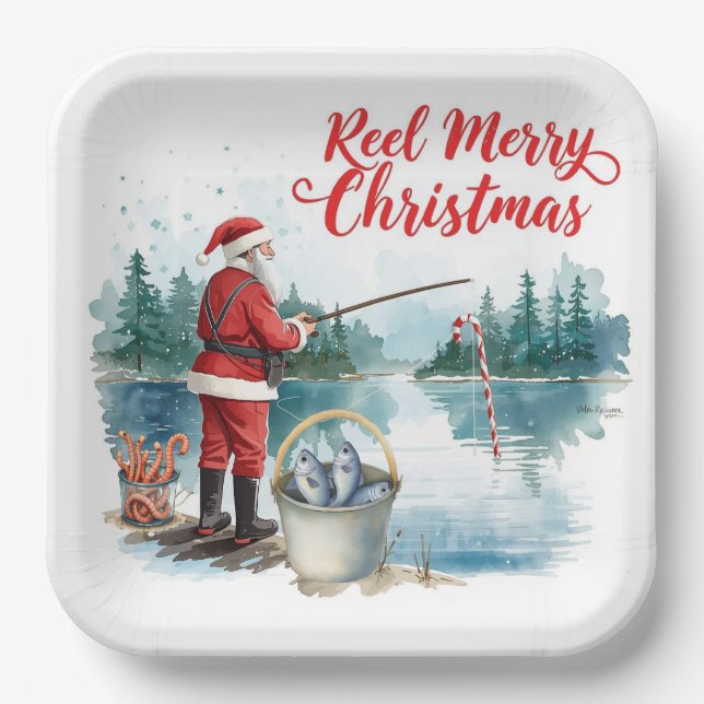 Fishing Santa Christmas themed Paper Plate (Front)