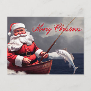 Fishing Santa Clause Merry Christmas Postcard