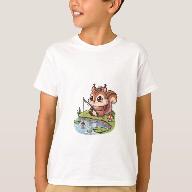 Fishing Squirrel by the Pond Kids T-Shirt (Front)