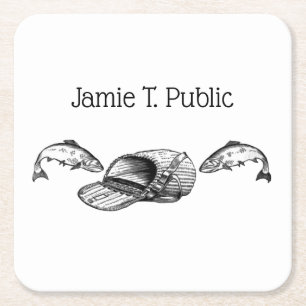 Fishing Tackle Bag and Fish Business Card Square Paper Coaster