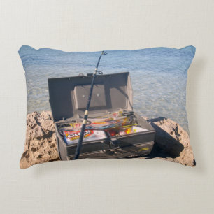 Fishing Tackle Box And Rod By The Seaside, Accent Pillow
