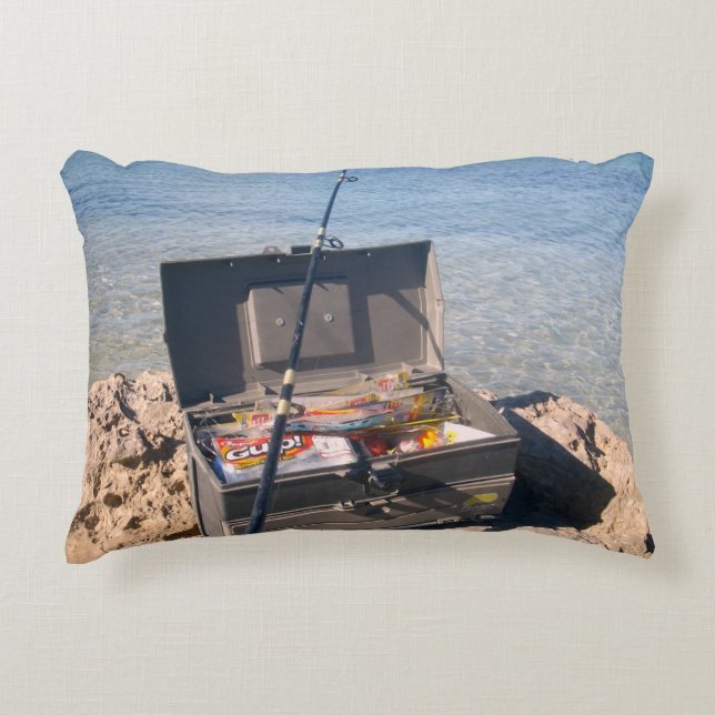 Fishing Tackle Box And Rod By The Seaside, Accent Pillow (Front)