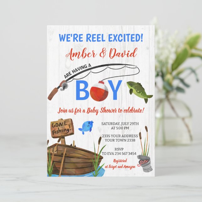 Fishing Themed Reel Excited Baby Shower  Invitation (Standing Front)