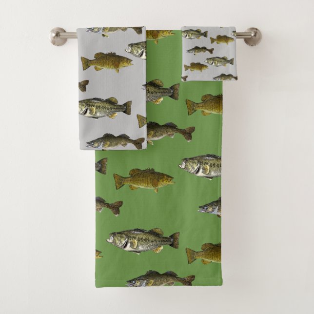 Fishing Themed Walleye Bass Angler Green Men's Bath Towel Set (Insitu)