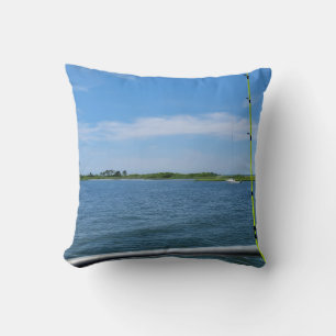 Fishing trip on boat to ocean throw pillow