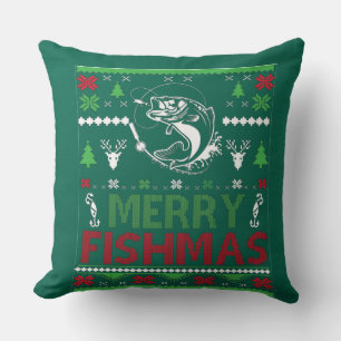 FISHING Ugly Christmas Apparel Bass Fish, Merry Fi Throw Pillow