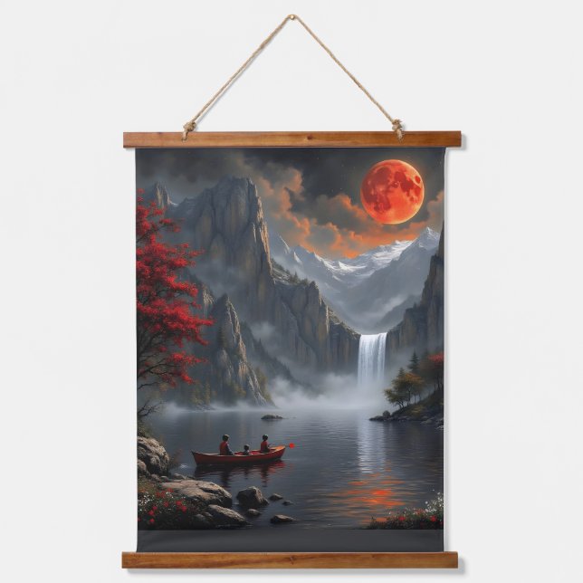 Fishing Under the Red Moon Hanging Tapestry (Front)