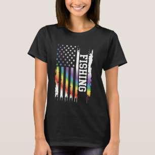 Fishing United States Distressed Rainbow w US Flag T-Shirt