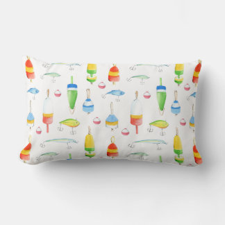 Fishing watercolor buoys and lures lumbar pillow