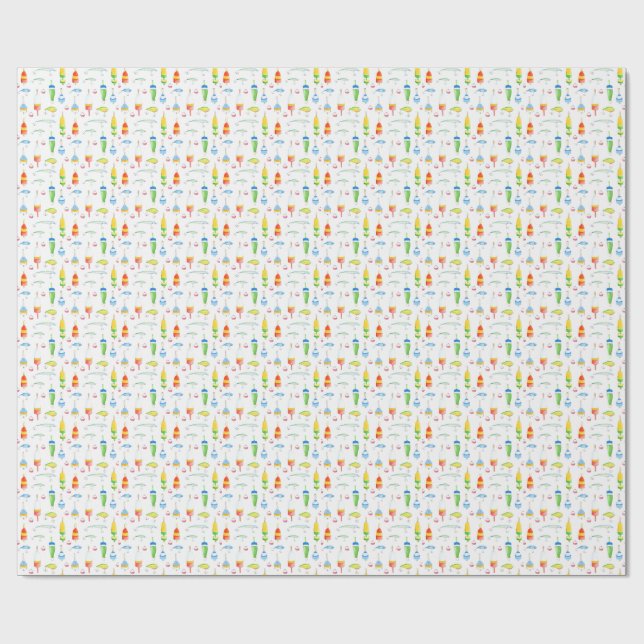 Fishing watercolor buoys and lures wrapping paper (Flat)