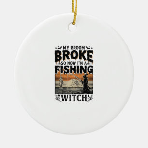 Fishing Witch Halloween Vintage Vector Design_1 Ceramic Ornament