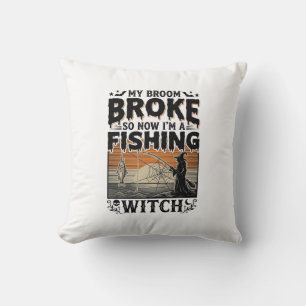 Fishing Witch Halloween Vintage Vector Design_1 Throw Pillow
