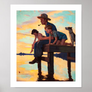 Fishing with Dad. Vintage Art Print