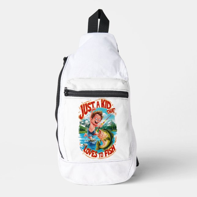Fishy Adventure: Just a Kid That Loves To Fish Sling Bag (Front)