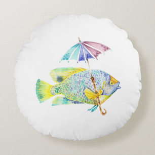 Fishy Fish with Umbrella Round Pillow