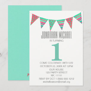 Fist Birthday Green Red Bunting Invitation