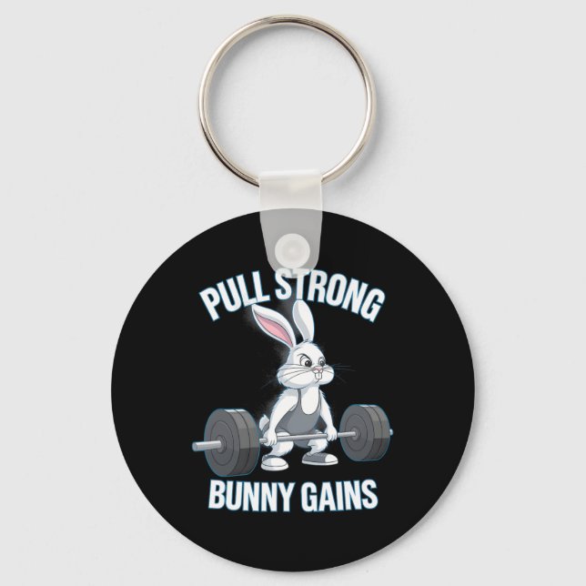 Fitness Bunny Bodybuilder Pull Strong Bunny Gains  Keychain (Front)