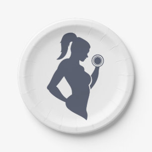 Fitness girl lifting dumbbell paper plate
