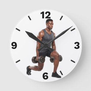 Fitness Man Dumbbells Lunges Workout Exercise Round Clock