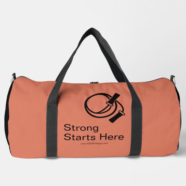 Fitness Motto Strong Starts Here Orange Black Duffle Bag (Front)