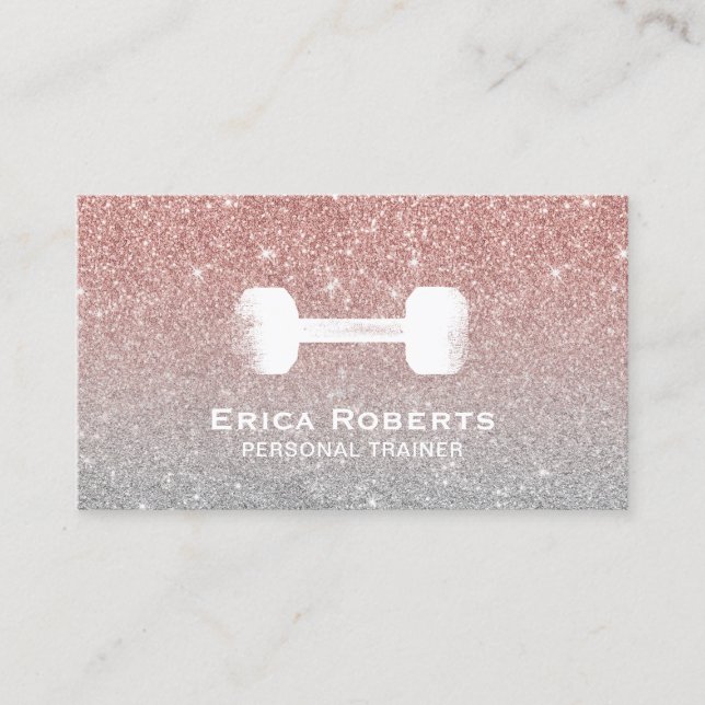 Fitness Trainer Modern Rose Gold & Silver Glitter Business Card (Front)