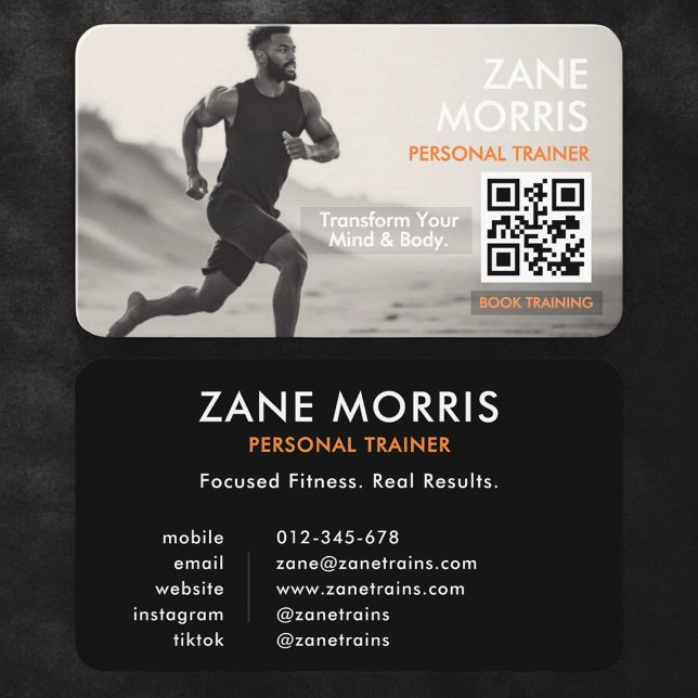 Fitness Trainer Photo QR Code Black & White  Business Card (Creator Uploaded)