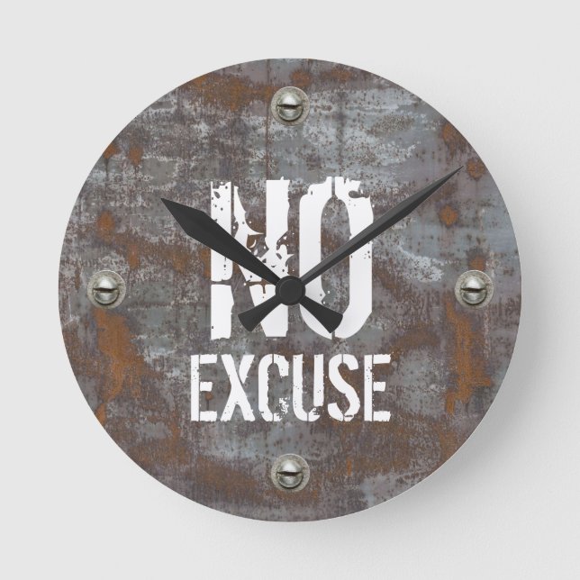 Fitness Training No Excuse Rusty Metal Round Clock (Front)