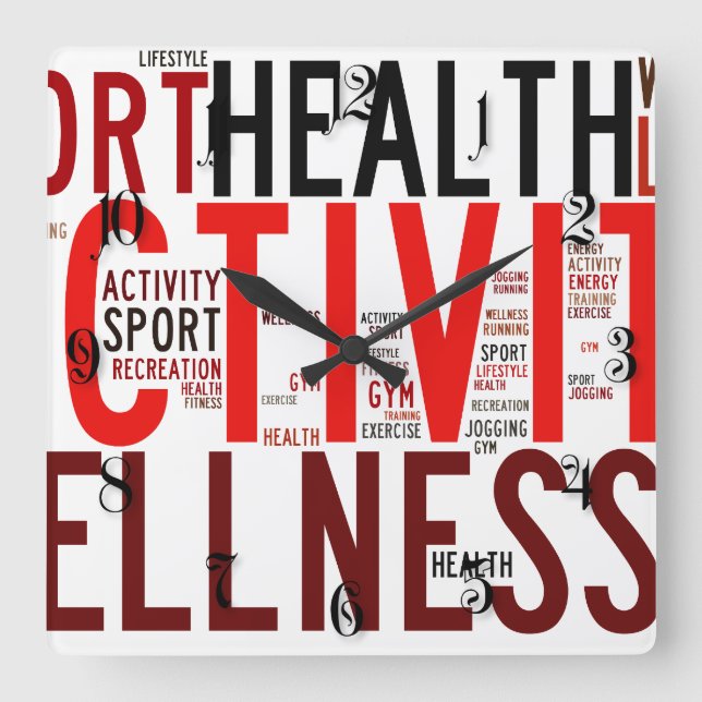 Fitness words square wall clock (Front)
