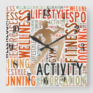 Fitness words square wall clock