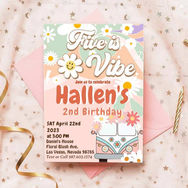 Five a Vibe Groovy Retro Rainbow 5th Birthday Invitation (Creator Uploaded)