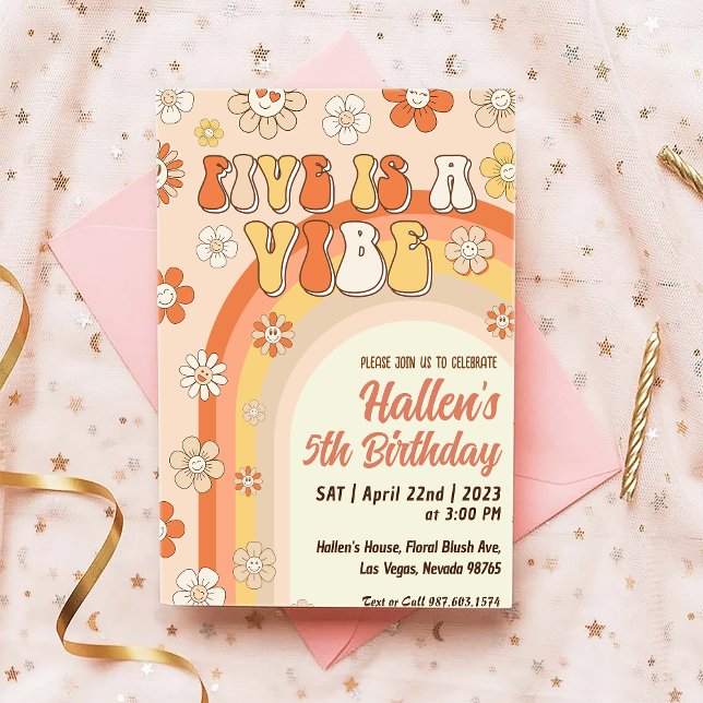 Five a Vibe Groovy Retro Rainbow 5th Birthday  Invitation (Creator Uploaded)