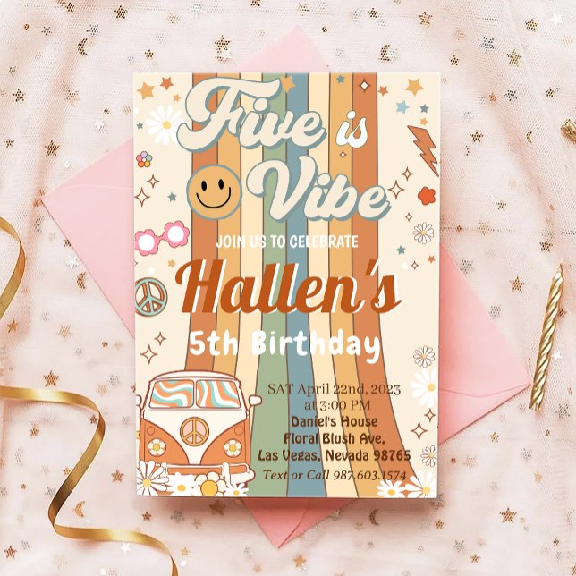 Five a Vibe Groovy Retro Rainbow 5th Birthday  Invitation (Creator Uploaded)