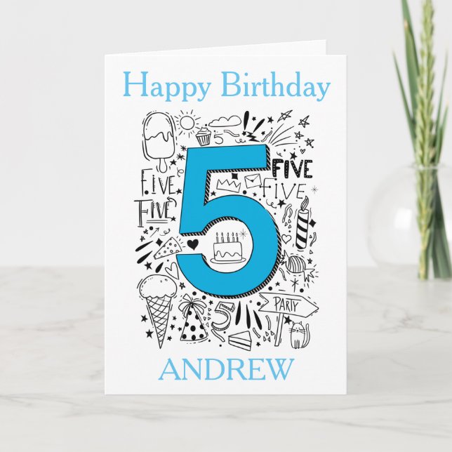 FIVE age 5th Blue  birthday card (Front)