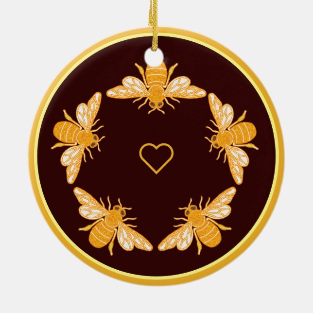 Five bees on dark rich brown gold rim circle ceramic ornament (Back)