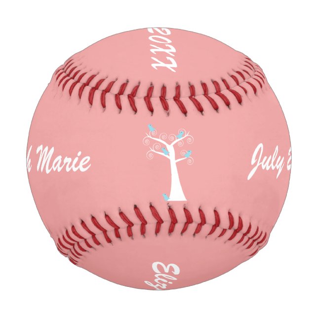 Five Blue Birds in a Tree Pink Customizable Baseball (Back)