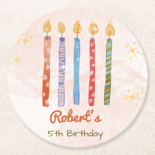 Five Candles Kids 5th Birthday Round Paper Coaster