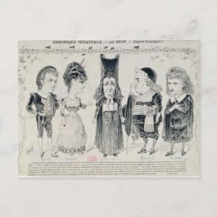 Five caricatures of the cast of a French Postcard