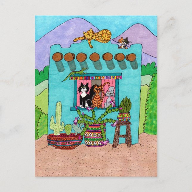 Five Cats at an Aqua Adobe House Postcard (Front)