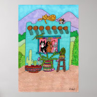 Five Cats at an Aqua Adobe House
