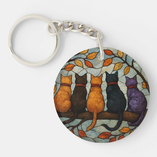 Five Cats on a Tree Branch Stained Glass Style (Devant)