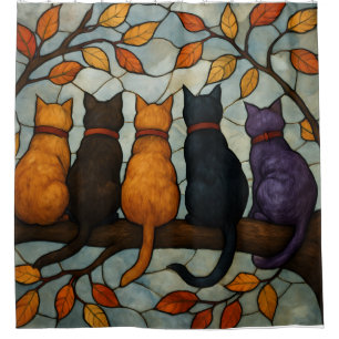 Five Cats on a Tree Branch Stained Glass Style