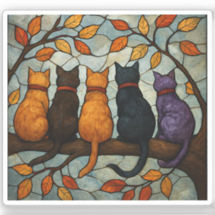 Five Cats on a Tree Branch Stained Glass Style