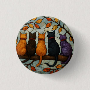 Five Cats on a Tree Branch Stained Glass Style 1 Inch Round Button