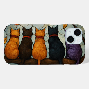 Five Cats on a Tree Branch Stained Glass Style iPhone 15 Case