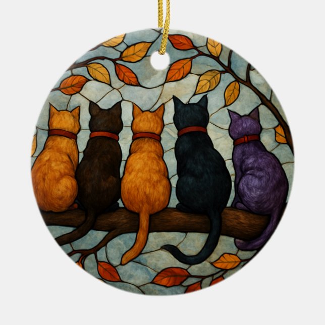 Five Cats on a Tree Branch Stained Glass Style Ceramic Ornament (Front)
