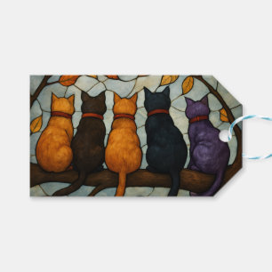 Five Cats on a Tree Branch Stained Glass Style Gift Tags